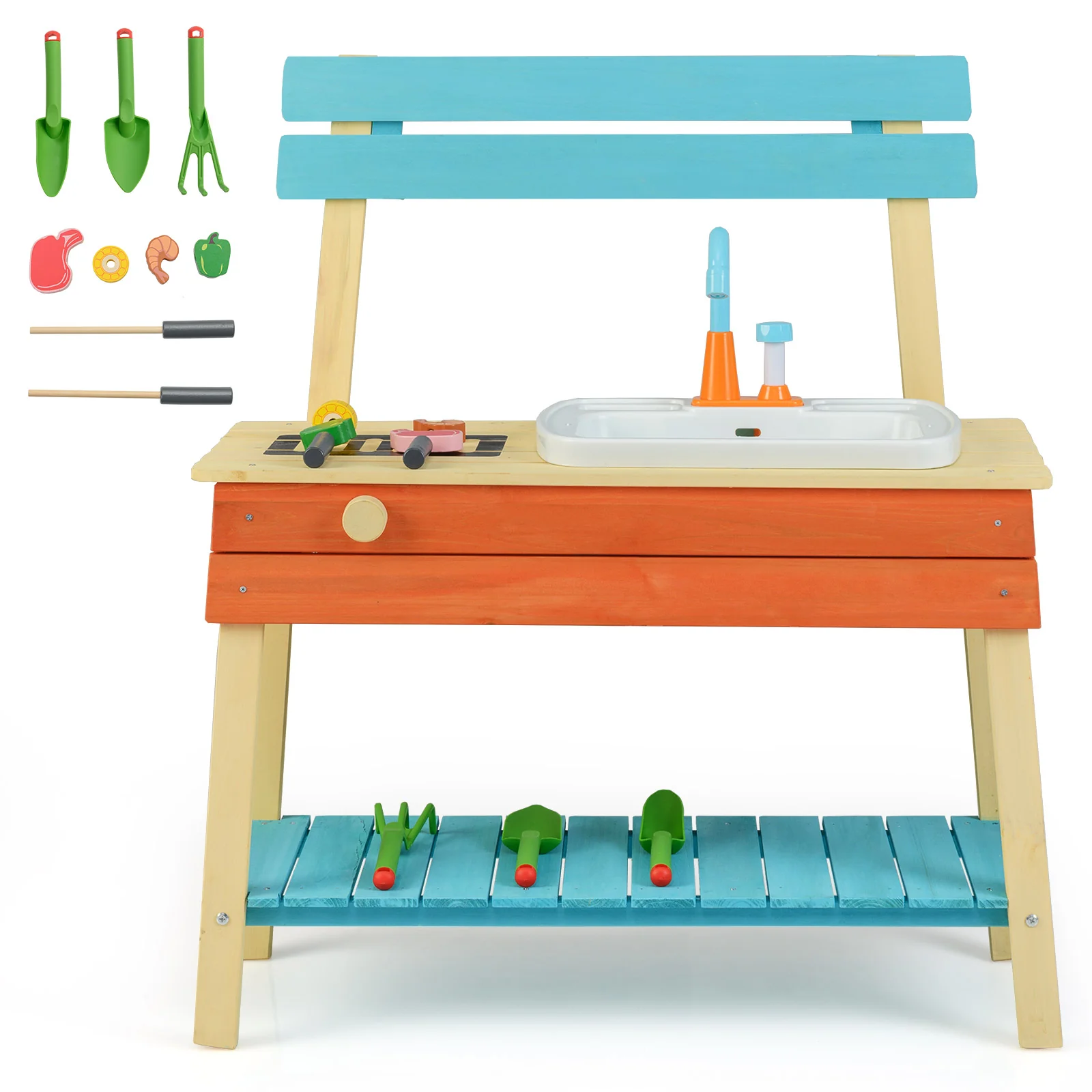 Kids Play Kitchen Set Wooden Kitchen Playset Chef Pretend Mud Kitchen-Blue - Image 3