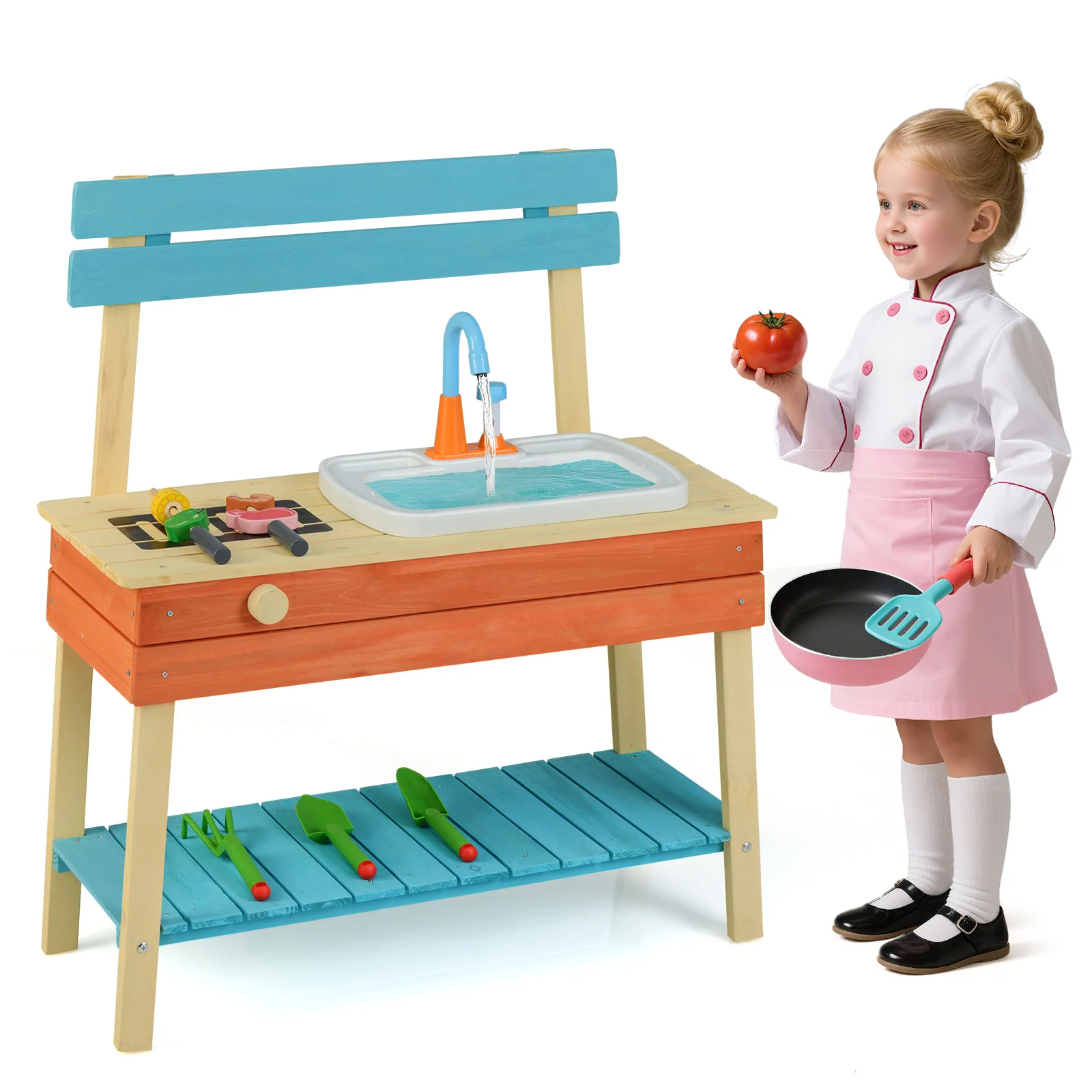 Kids Play Kitchen Set Wooden Kitchen Playset Chef Pretend Mud Kitchen-Blue - Image 4