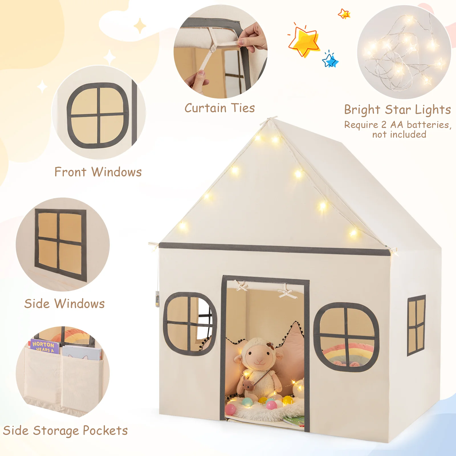 Kids Play Tent Large Playhouse with Door Curtain and Windows Star Lights - Image 14