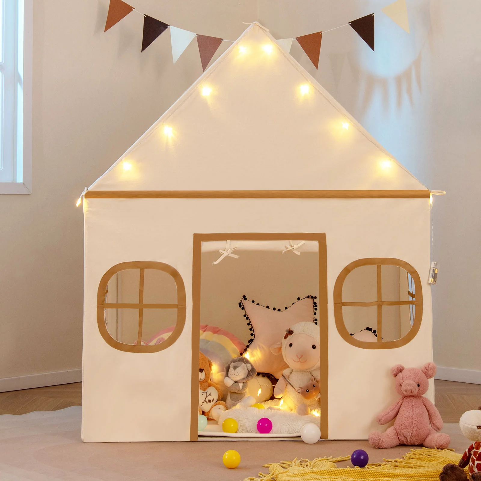 Kids Play Tent Large Playhouse with Door Curtain and Windows Star Lights - Image 2