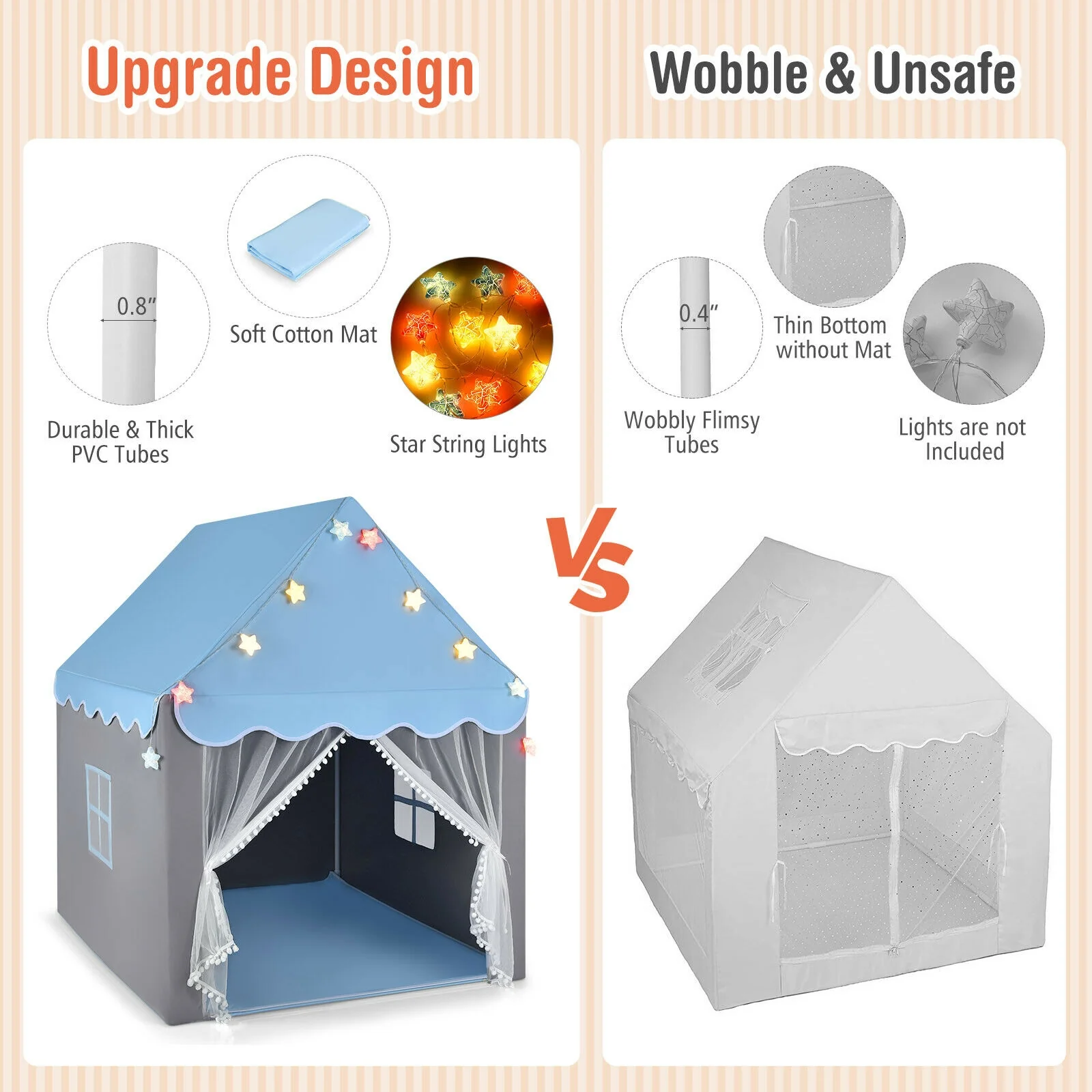 Kids Playhouse Tent with Colorful Star Lights and Mat - Image 7