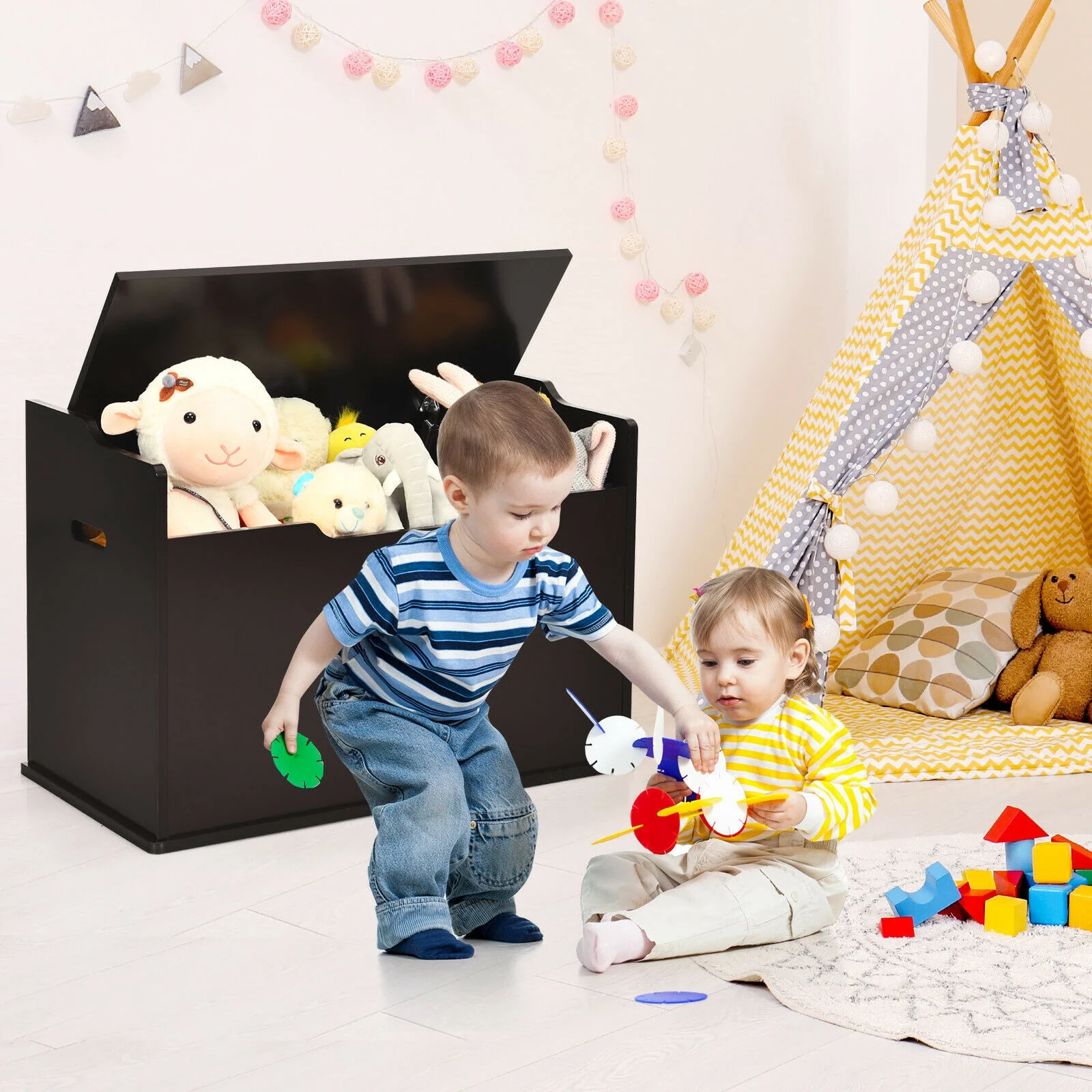 Kids Toy Wooden Flip-top Storage Box Chest Bench with Cushion Hinge - Image 15