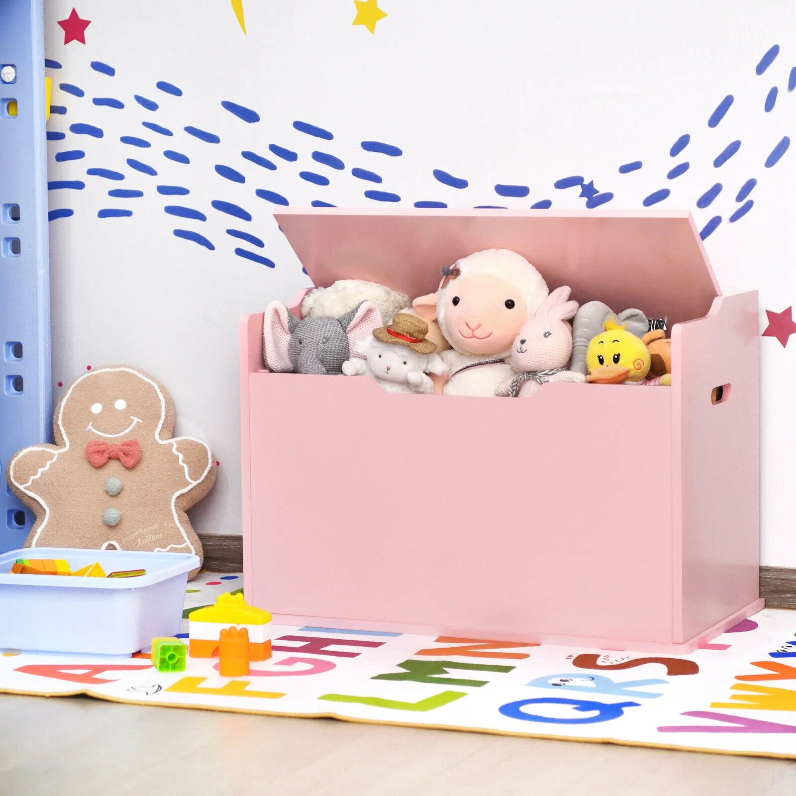 Kids Toy Wooden Flip-top Storage Box Chest Bench with Cushion Hinge - Image 36