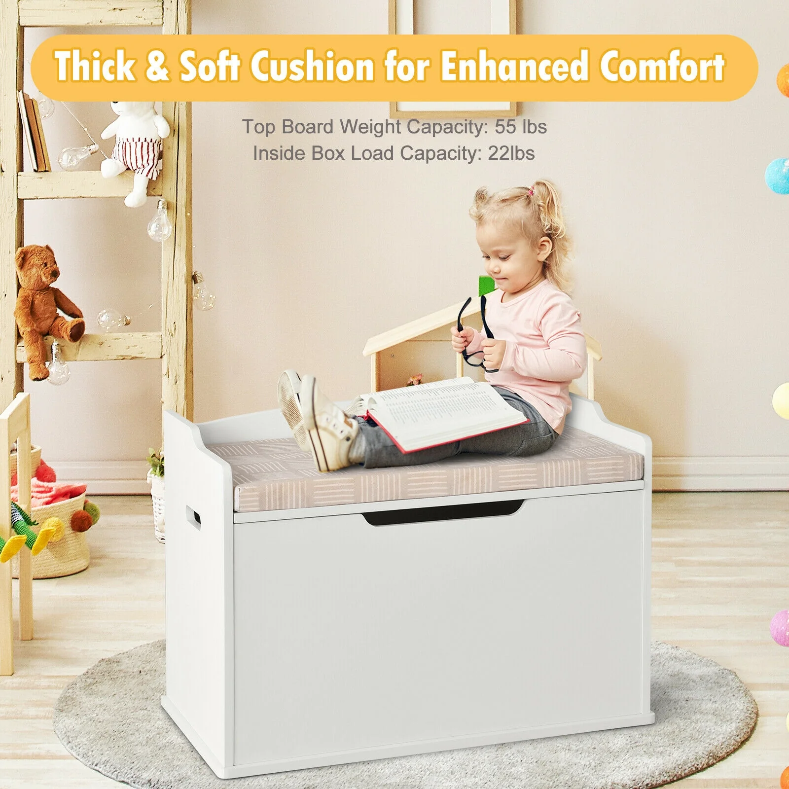 Kids Toy Wooden Flip-top Storage Box Chest Bench with Cushion Hinge - Image 7