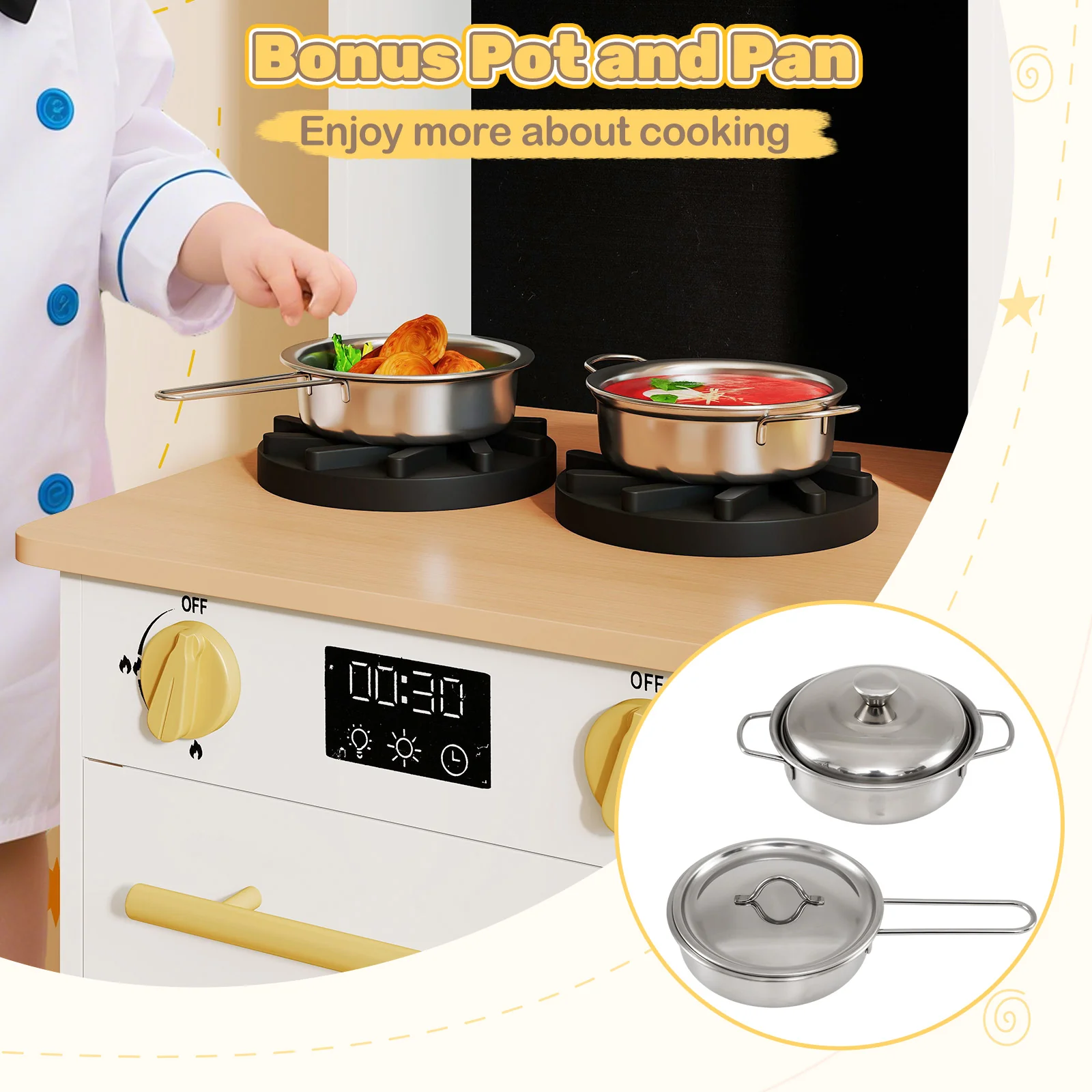 Kids Wooden Kitchen Playset with Stoves Sound Light for 3+ Years Old-White - Image 8