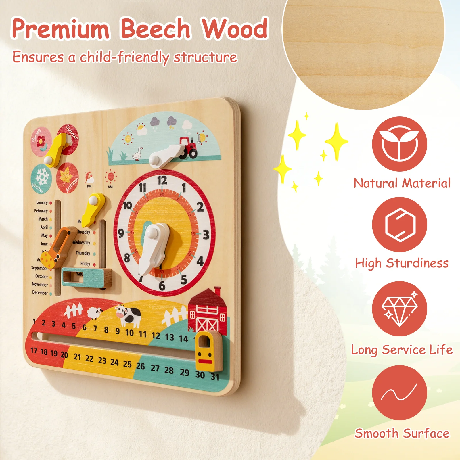 Montessori Wooden Toy for Toddlers Educational Learning Clock Toy About Season - Image 8