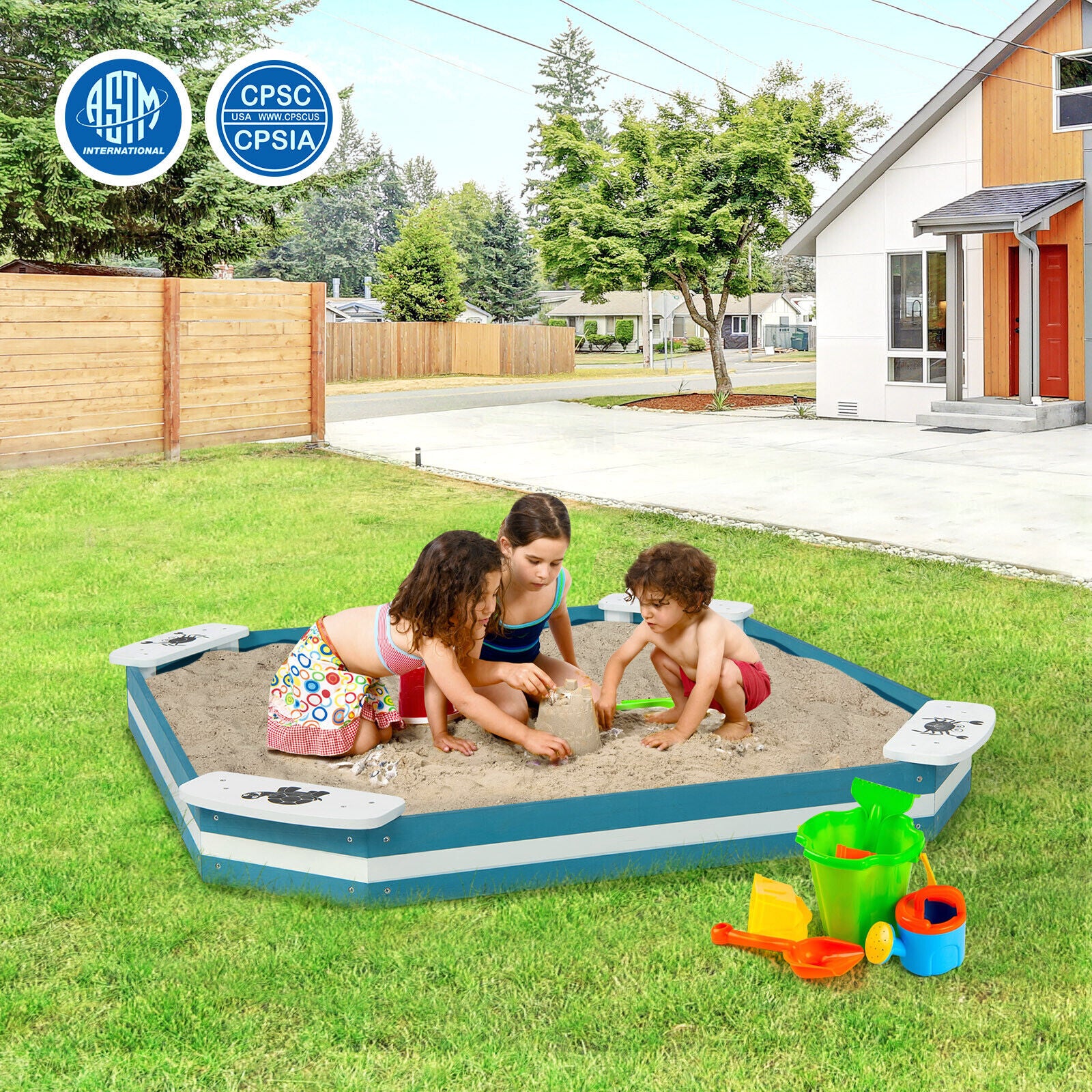 Outdoor Solid Wood Sandbox with 4 Built-in Animal Patterns Seats - Image 2