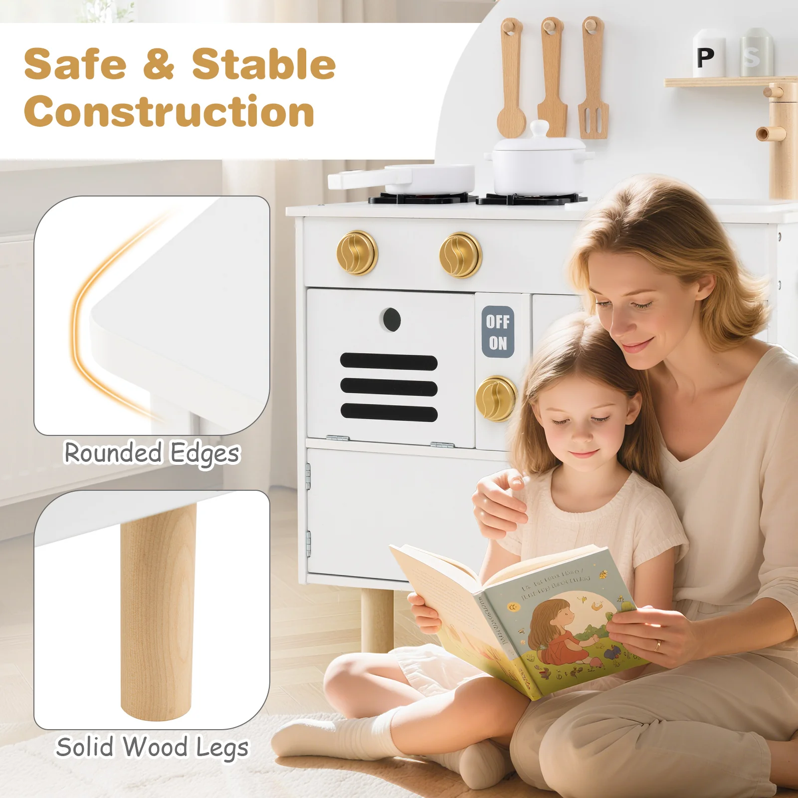 Play Kitchen for Kids Wooden Kitchen Playset with Stoves Faucet Sink Microwave and Oven - Image 16