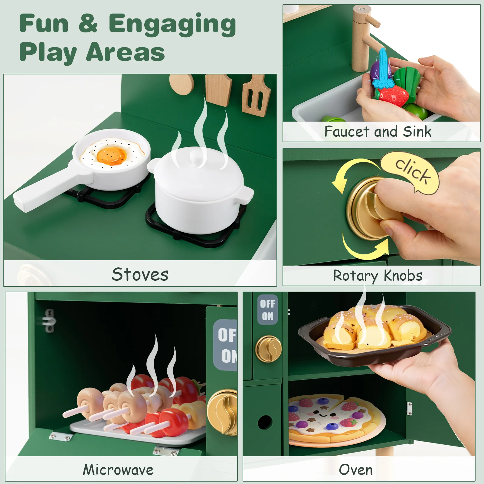 Play Kitchen for Kids Wooden Kitchen Playset with Stoves Faucet Sink Microwave and Oven - Image 23