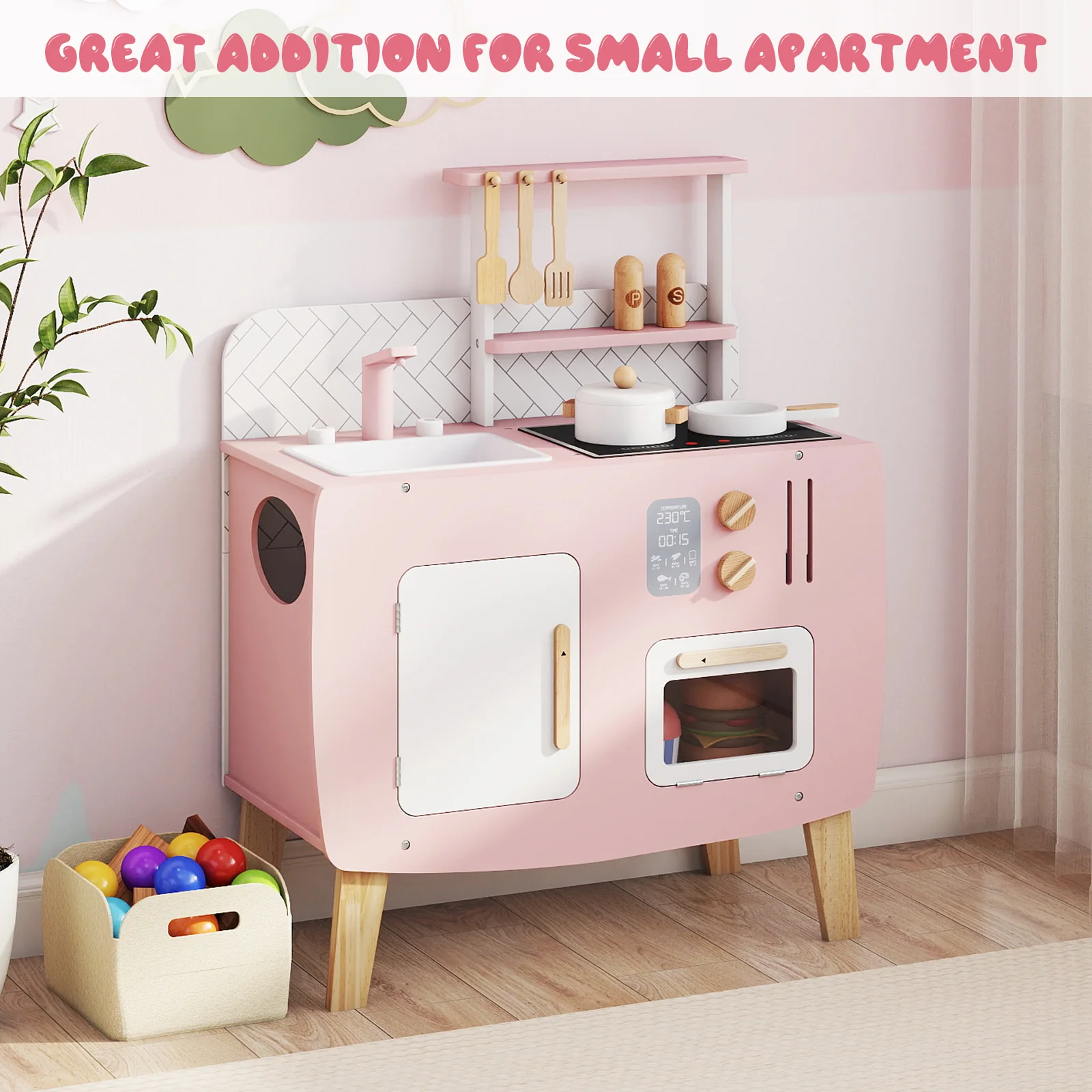 Play Kitchen for Kids Wooden Kitchen Playset with Stoves Sink Faucet and Oven - Image 2