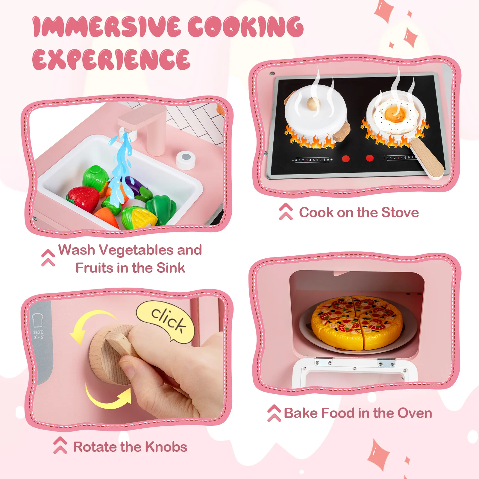 Play Kitchen for Kids Wooden Kitchen Playset with Stoves Sink Faucet and Oven - Image 7