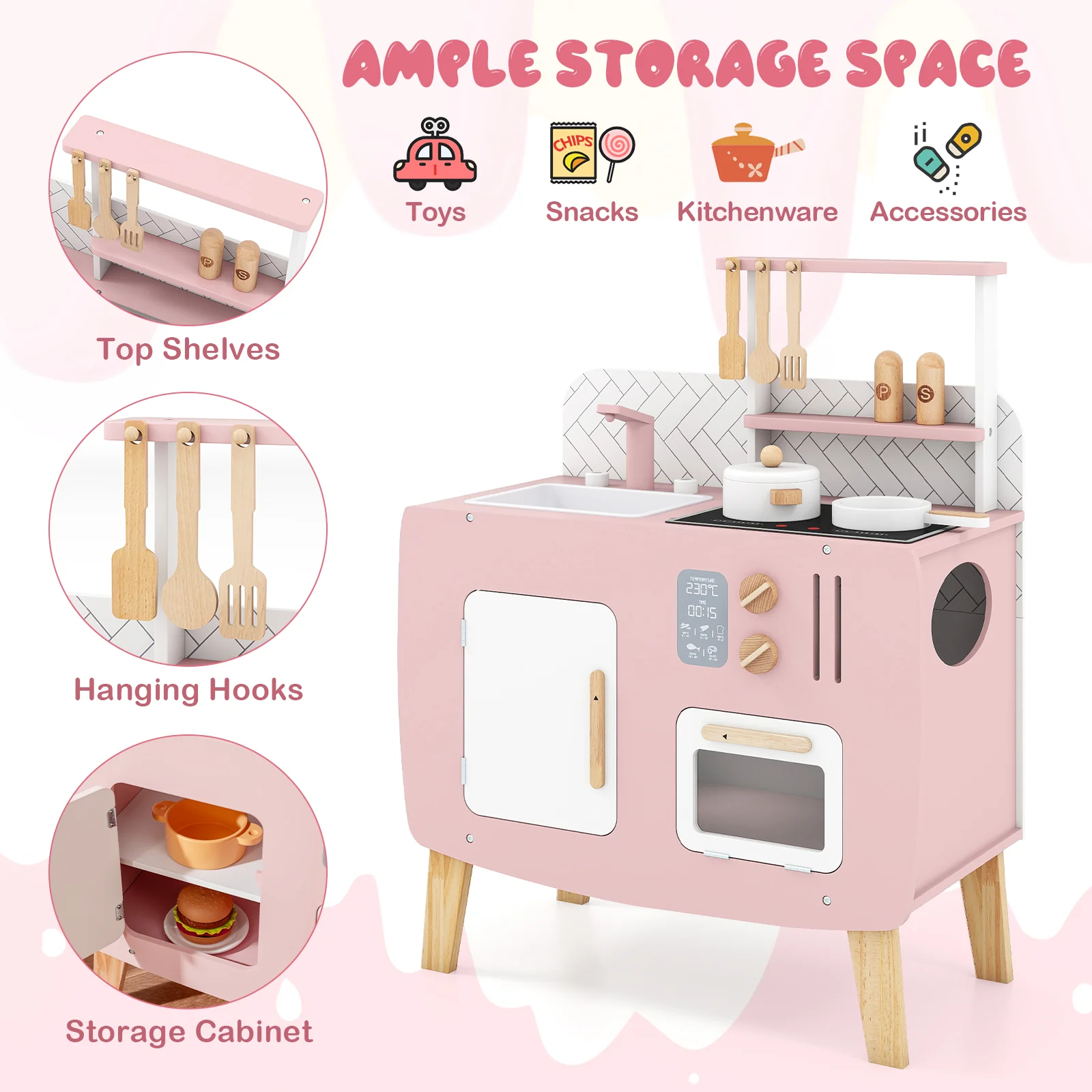 Play Kitchen for Kids Wooden Kitchen Playset with Stoves Sink Faucet and Oven - Image 8