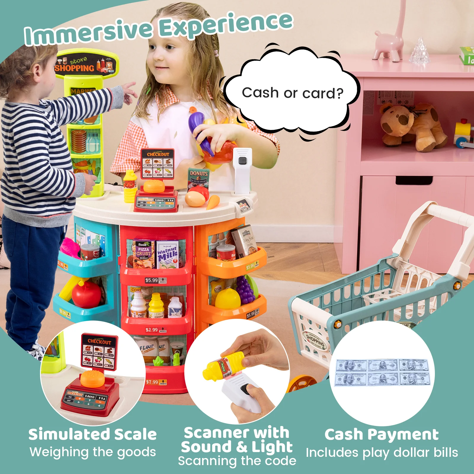 Supermarket Playset for Kids 76 PCS Pretend Play Grocery Store Set with Shopping Cart - Image 5