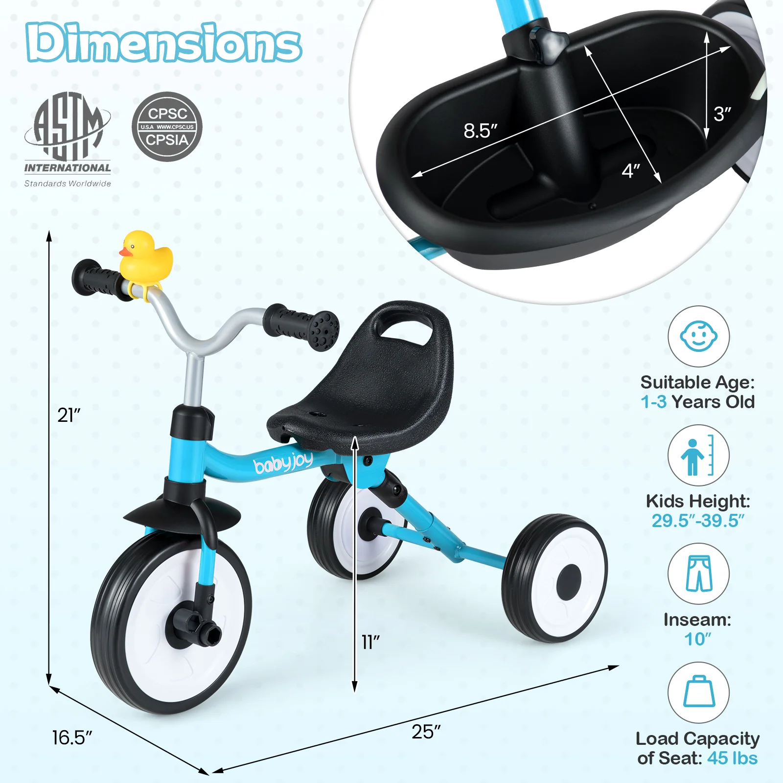 Toddler Tricycle with 3-Position Seat and Storage Basket for Kids - Image 28