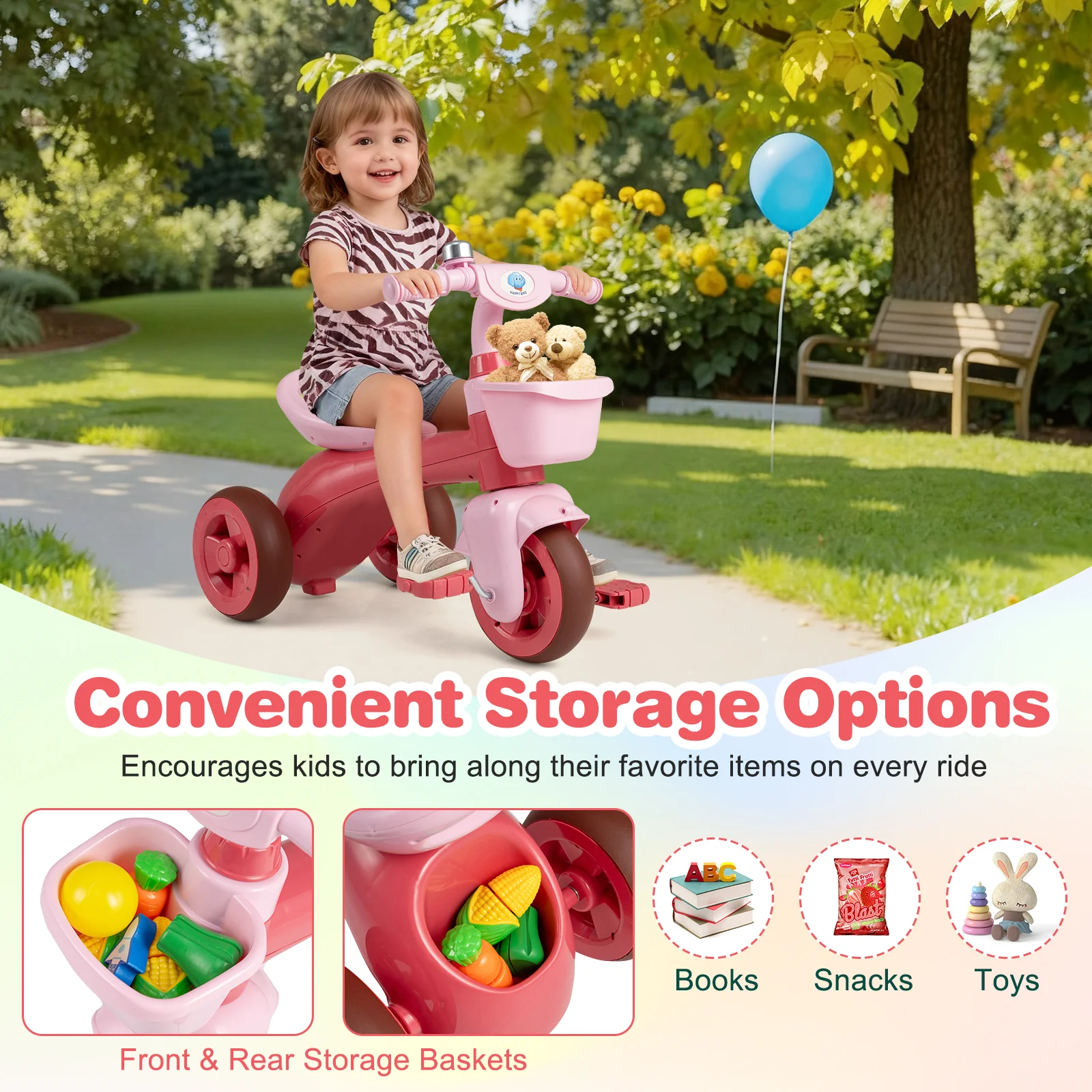 Toddler Tricycle with Limited Steering with Front Baskets and Bell - Image 7