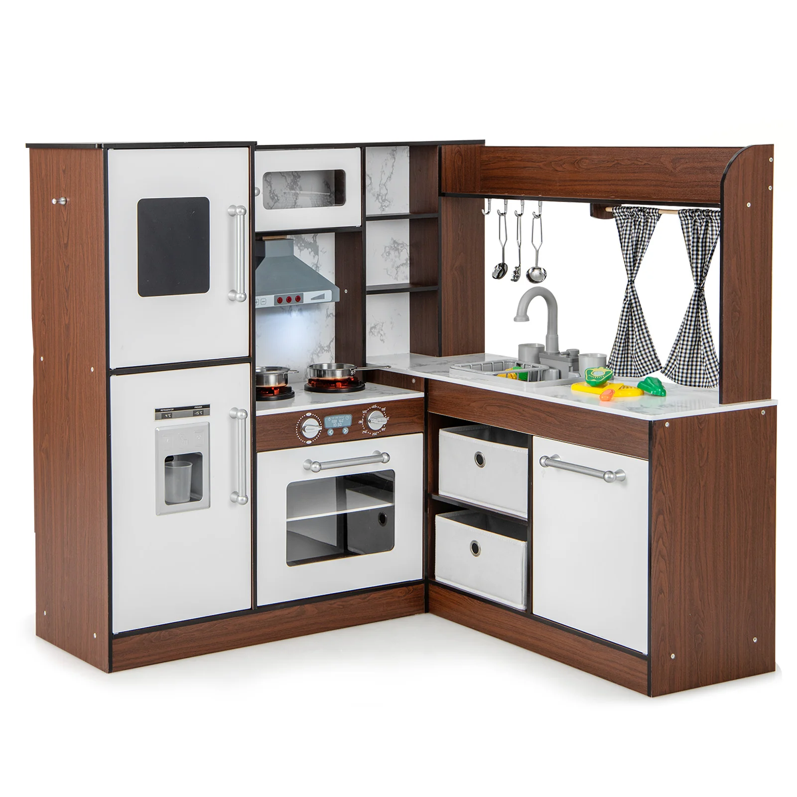 Wooden Corner Play Kitchen with Water Circulation System and Lights-Brown - Image 2