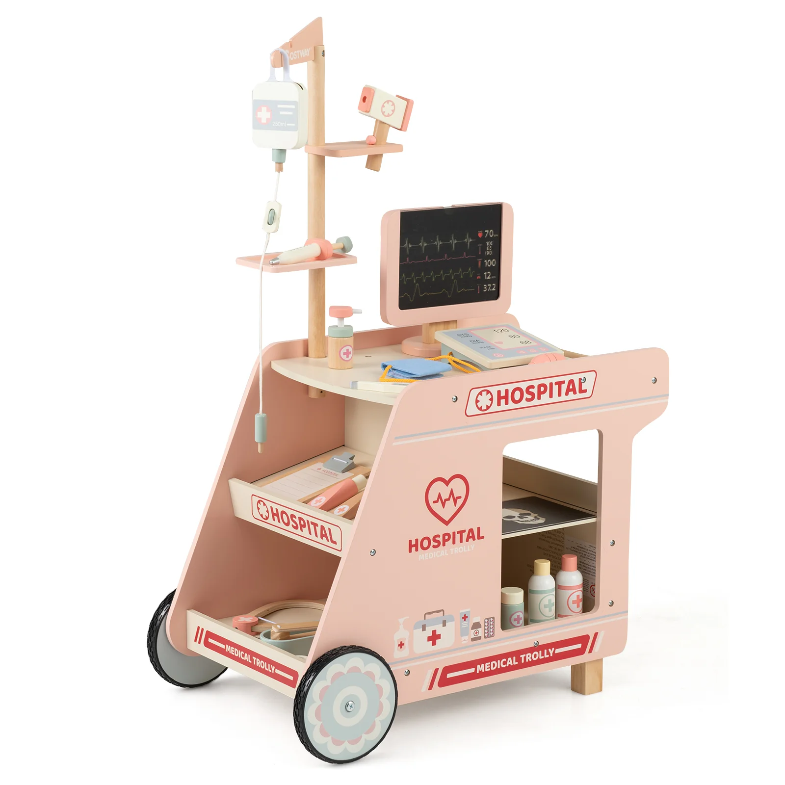 Wooden Doctor Playset for Kids Pretend Play Doctor Kit with Cart Gift for Toddlers Boys Girls Aged 3+ - Image 2