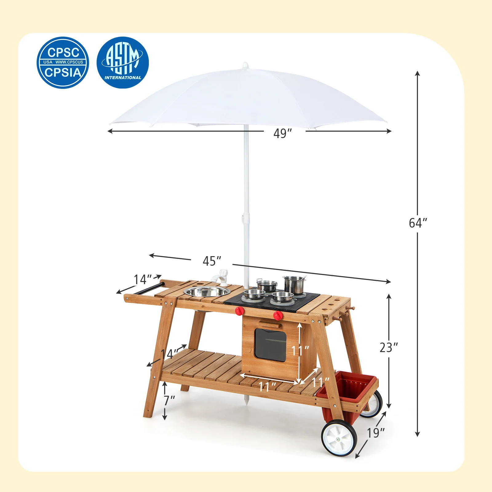 Wooden Play Cart with Sun Proof Umbrella for Toddlers Over 3 Years Old - Image 5