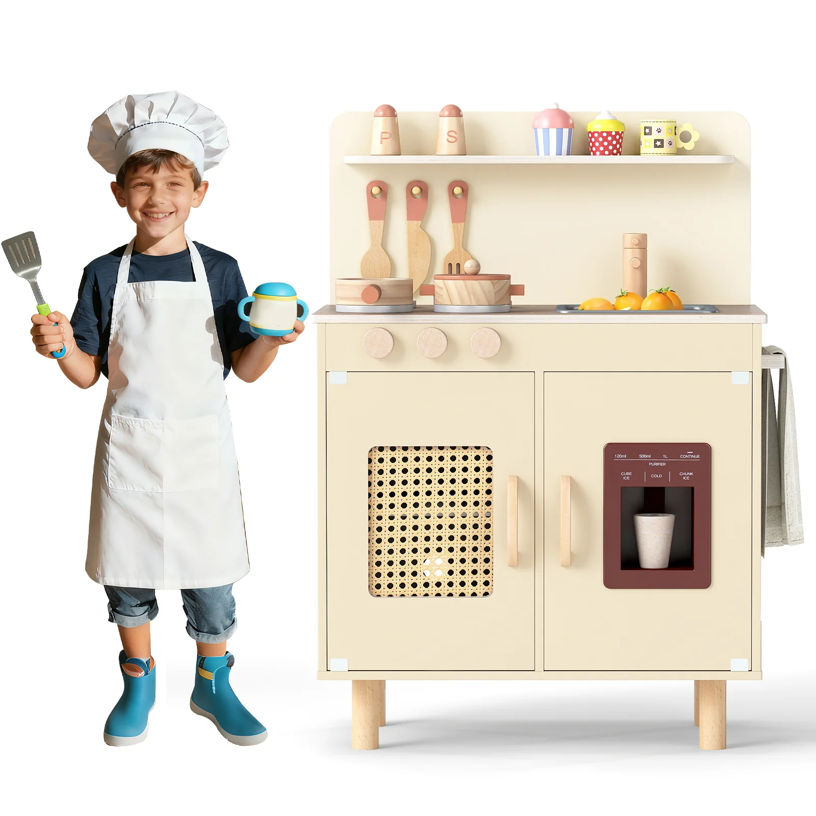 Wooden Pretend Kitchen Playset with Realistic Ice Maker - Image 4