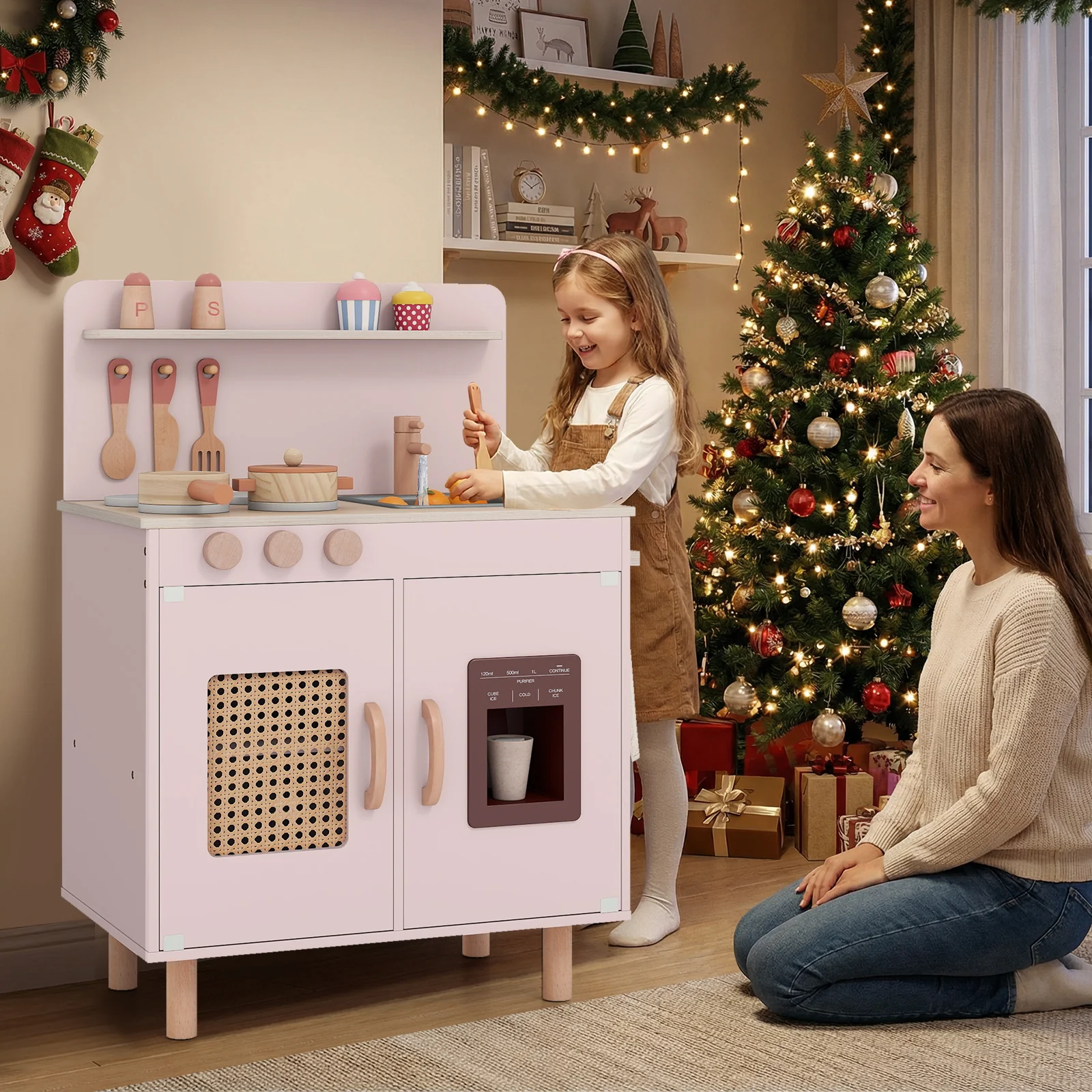Wooden Pretend Kitchen Playset with Realistic Ice Maker - Image 9