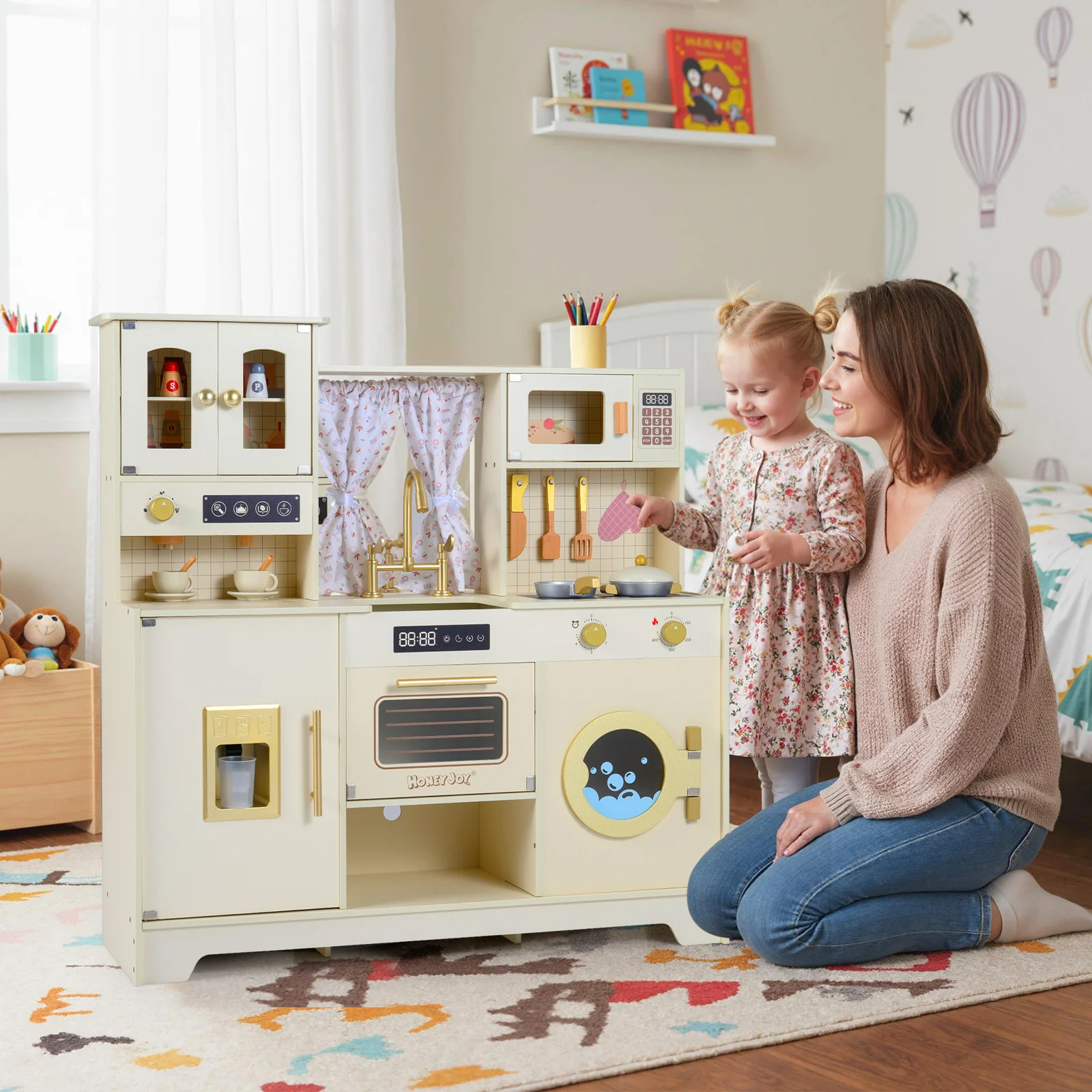 Wooden Toy Kitchen Playset with 14 Accessories for Aged 3+ Years-Beige - Image 7