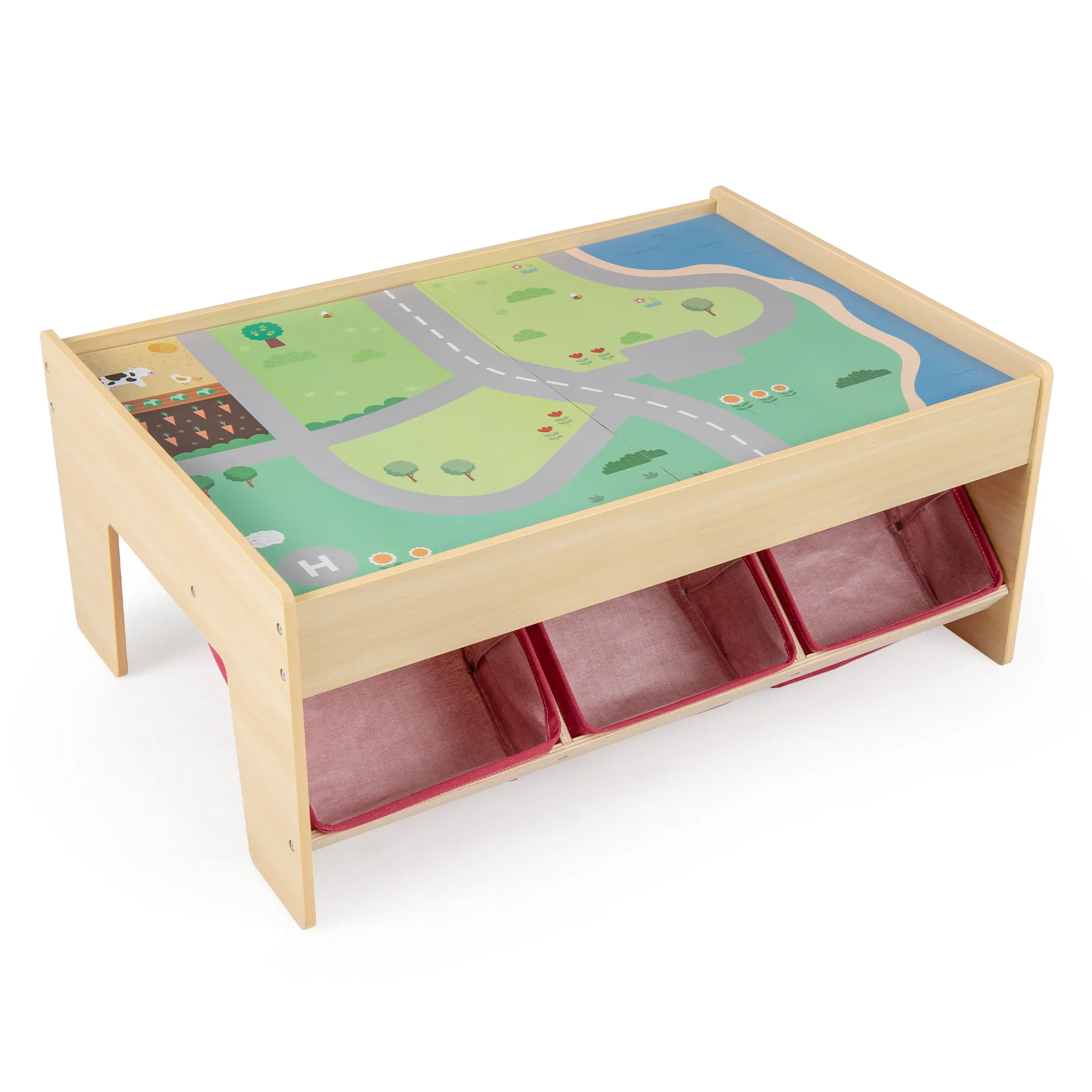 Wooden Train Set Table Kids Multipurpose Activity Play Table with 2 Reversible Tabletops-Red - Image 5